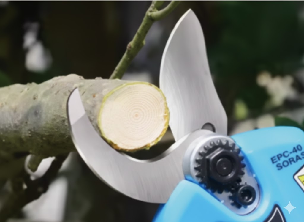 SOROB cordless electric pruning shear cutting fruit tree branches in orchard